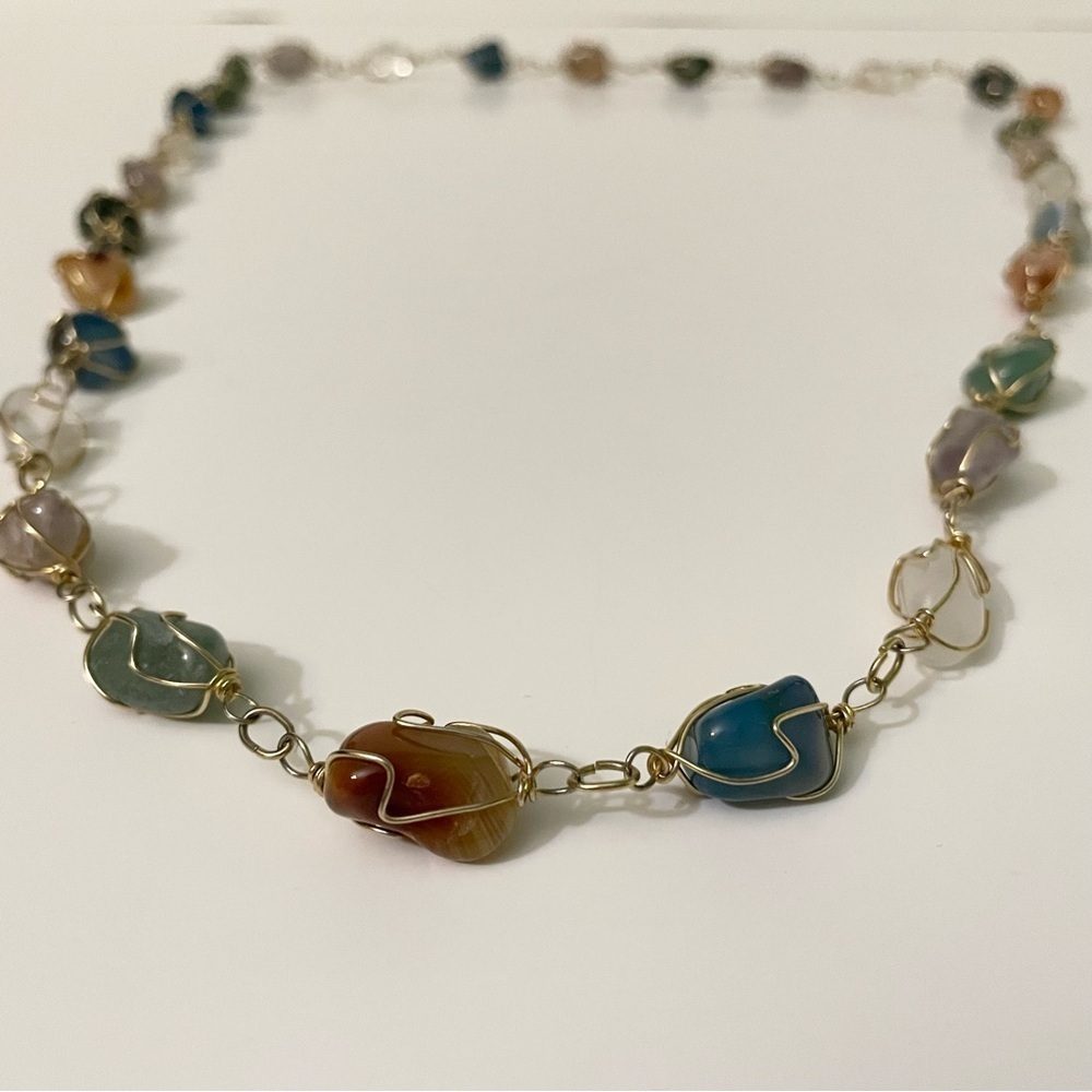 Boho Multi Gemstone Wire Wrapped Necklace Tumbled Stone Crystal Jewelry - Picture 2 of 15